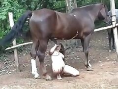 Porn with bigtits woman and her horse on the farm