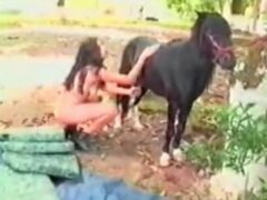 Young horse dirtying woman with semen